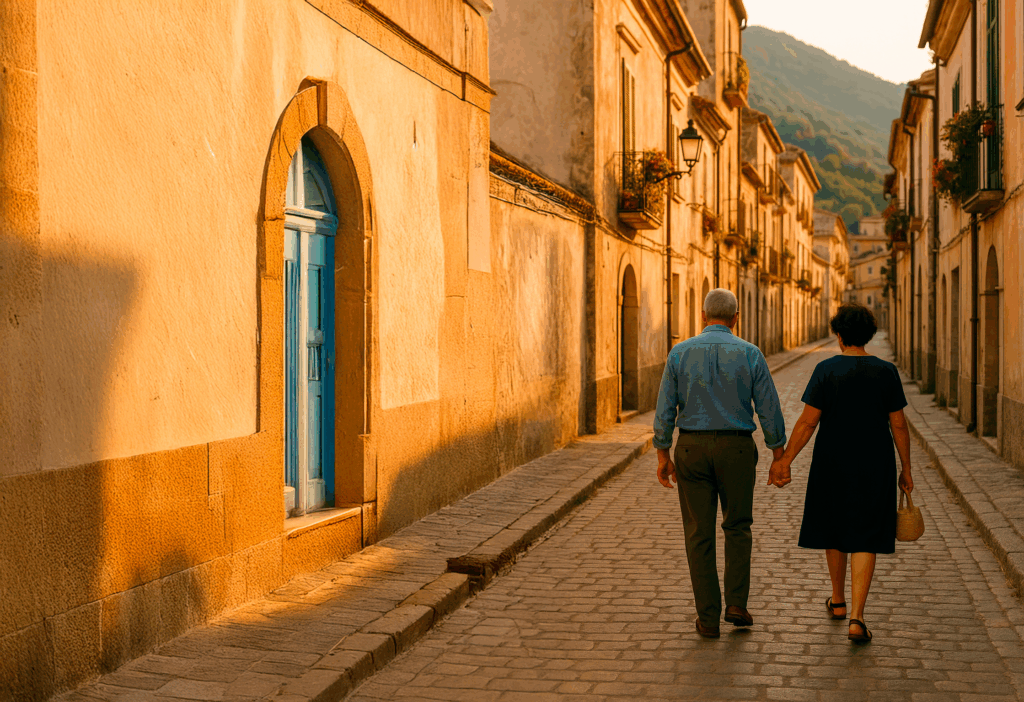 uomo e donna camminano in una via di un paesello del sud italia