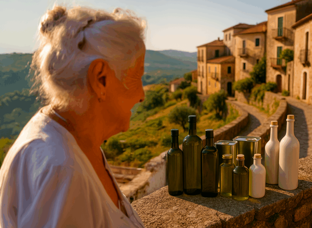 donna che guarda le bottiglie di olio adagiate su un muretto, in cilento.